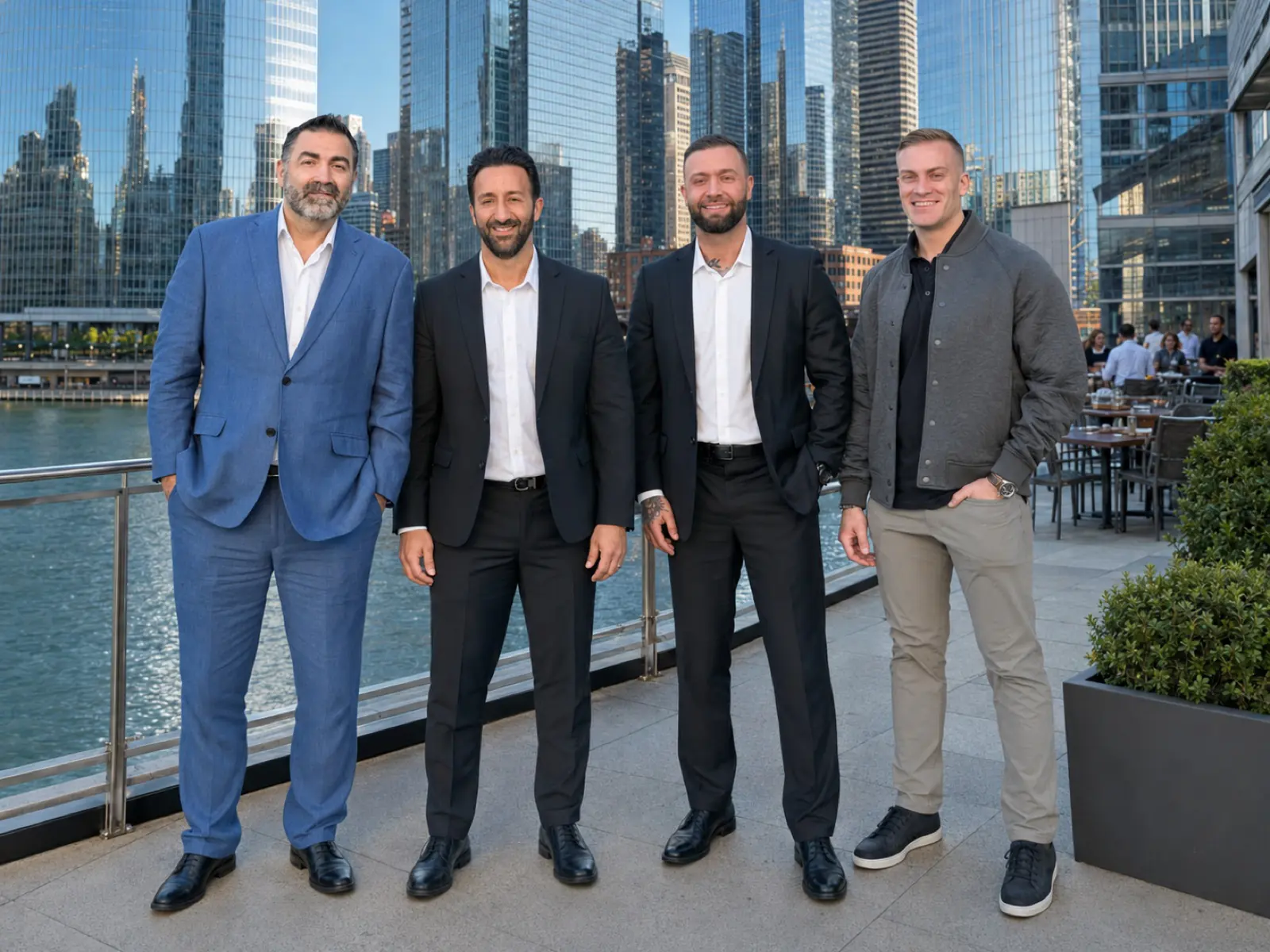The TB Defense leadership team on the Chicago riverfront with the downtown skyline