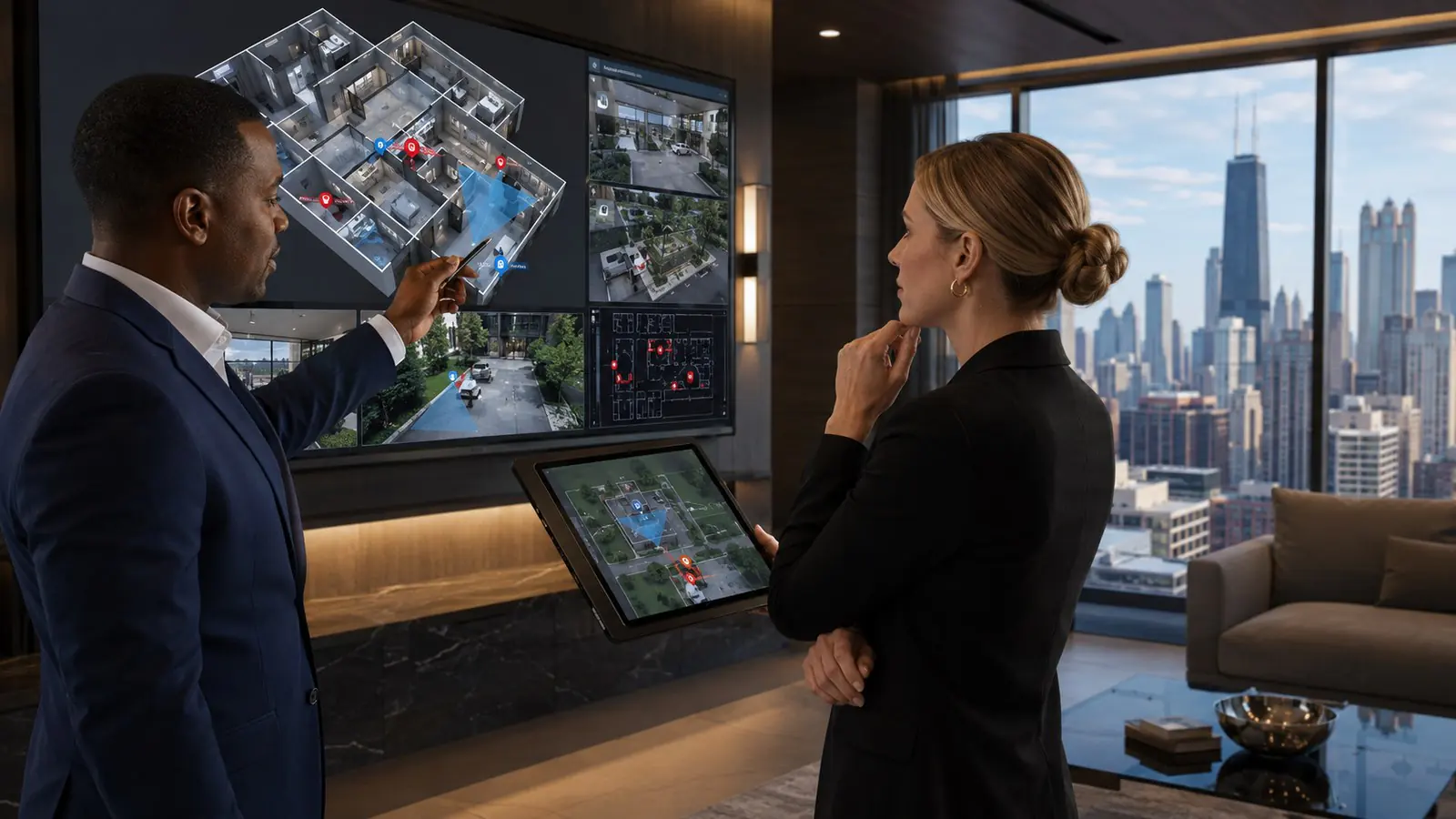 A man pointing at floor plans and camera views on a wall screen while a woman holding a tablet listens in a high-rise room