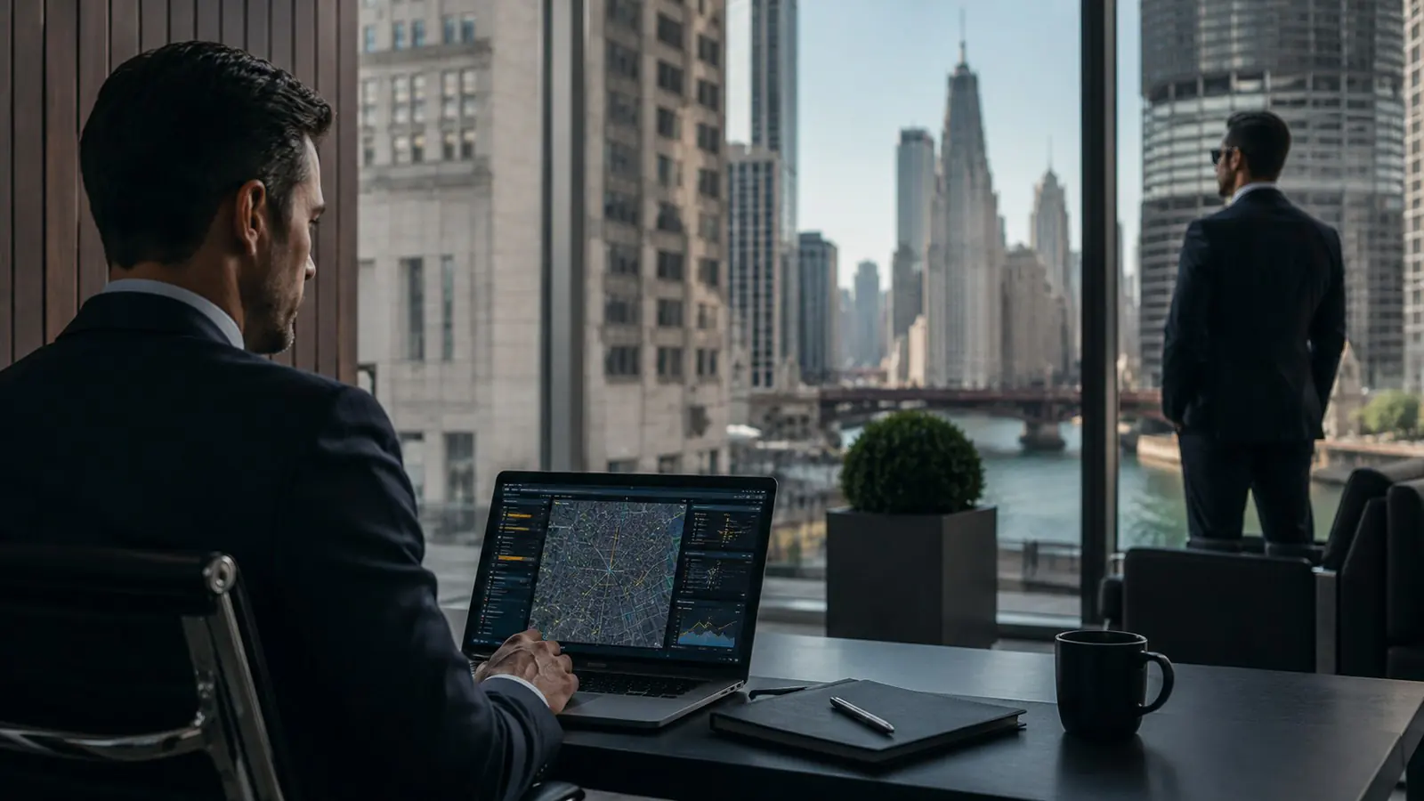 A man in a suit working on a laptop that shows a map display, with a river and city buildings through the window